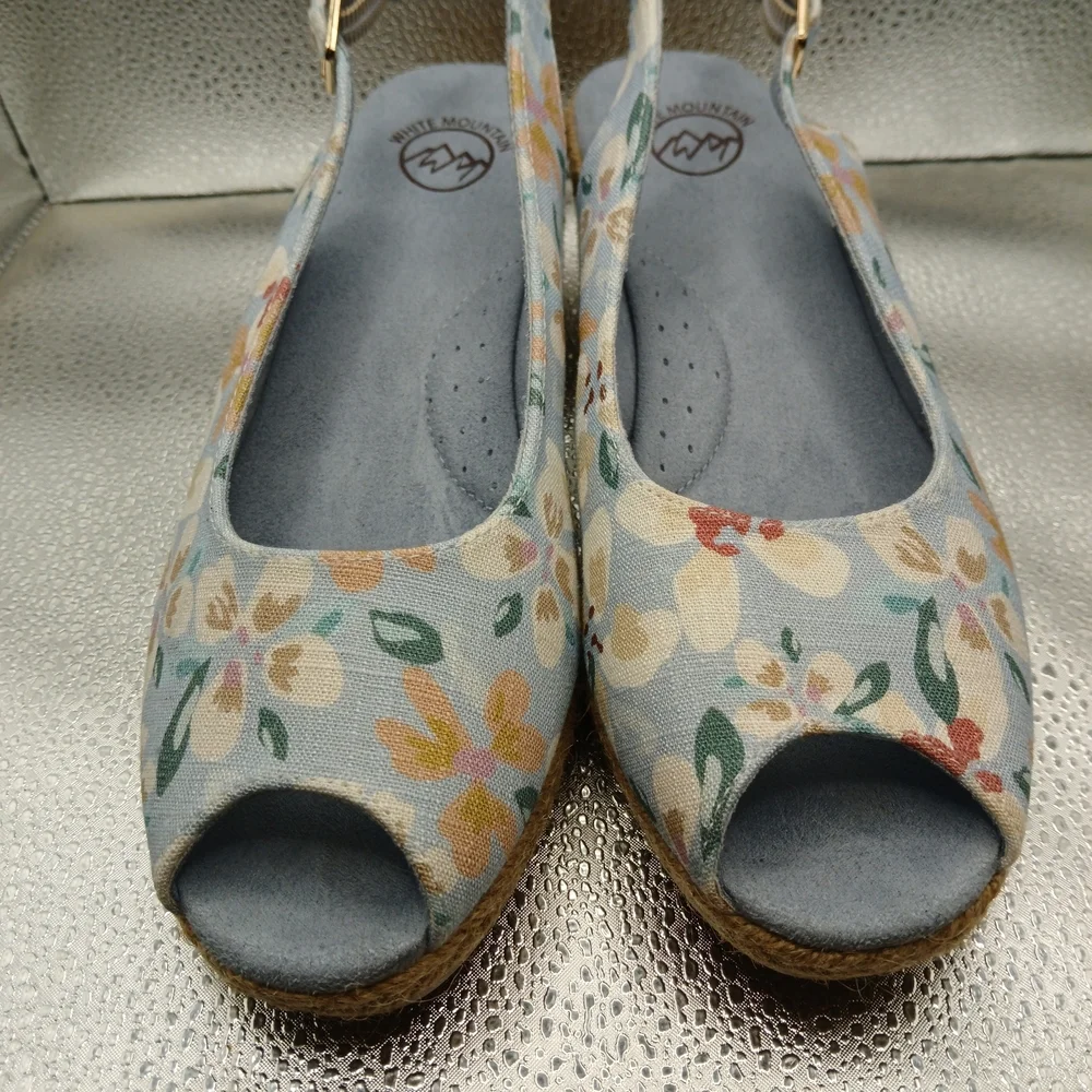 White Mountain Blue Floral Espadrille Wedges Slingback Peeptoes Women's Size 8